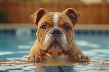 A playful boxer bulldog basks in the refreshing water of an outdoor pool, happily splashing with its snout and embodying the carefree spirit of a beloved pet - obrazy, fototapety, plakaty