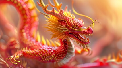 Chinese dragon statue on blurred background, close-up, copy space