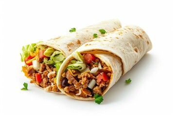 Flavorful Mexican burrito filled with meat, beans, and fresh vegetables, garnished with parsley