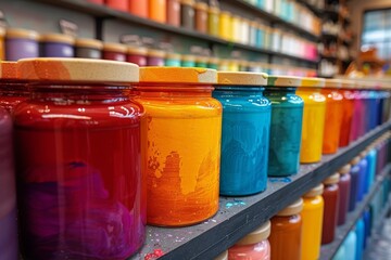 A colorful array of mason jars filled with preserved fruits, neatly lined on a shelf, ready to bring a burst of flavor to any indoor meal