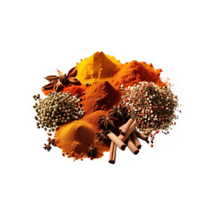 Variety of Colorful Ground Spices and Whole Seeds Displayed in a Pile, Including Turmeric, Cinnamon Sticks, Star Anise, Peppercorns Isolated on White Background