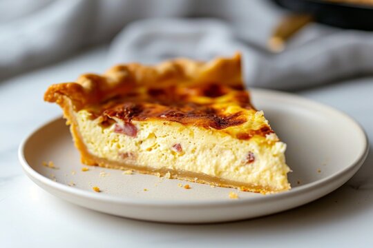 Close-up of Quiche Lorraine slice with bacon, onion and chicken eggs. Baked custard dough served on white plate. Classic recipe of traditional French pie.