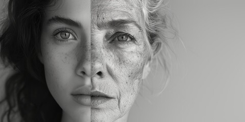 Fototapeta premium Artistic black and white contrast showing a woman's face aging from young to old