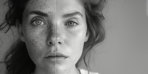 Young to Old Transformation Portrait DESCRIPTION: Monochromatic image showing transformation from youthful to elderly facial features