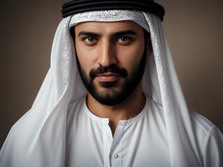 Portrait of a Arab man with beard wearing traditional clothes standing in opaque brown background.
