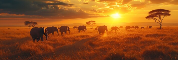 A majestic herd of elephants is silhouetted against a fiery sunset in the African savanna.