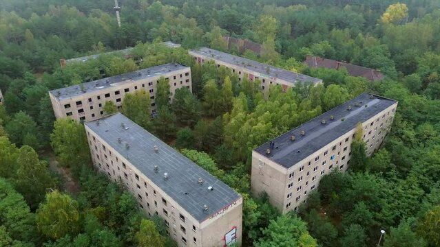 4k drone footage of a German ghost town on a cloudy day. Flyover shot