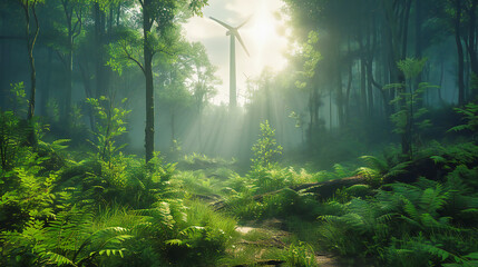 Mystical Forest Path Bathed in Sunlight, Enchanted Nature Scene with Green Foliage
