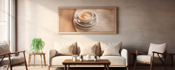 A cozy and inviting café interior is illuminated by natural light, featuring a sofa and wooden tables, with a framed picture of a pathway through trees, exuding a sense of calm and relaxation. - obrazy, fototapety, plakaty