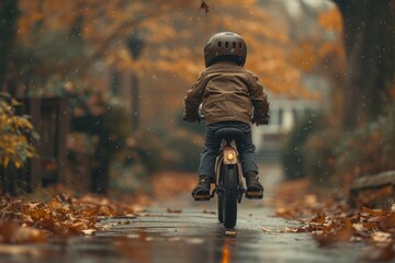 A carefree child braves the autumn rain, pedaling their bicycle along the wet path with determination and joy