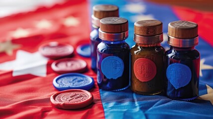 ink bottles and pens in red, white, and blue, with voters' fingers being marked, against a backdrop of the American flag,