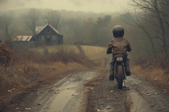 Amidst the foggy countryside, a lone rider navigates their motorcycle through the winding dirt road, the wheels kicking up dust and grass as they disappear into the mist