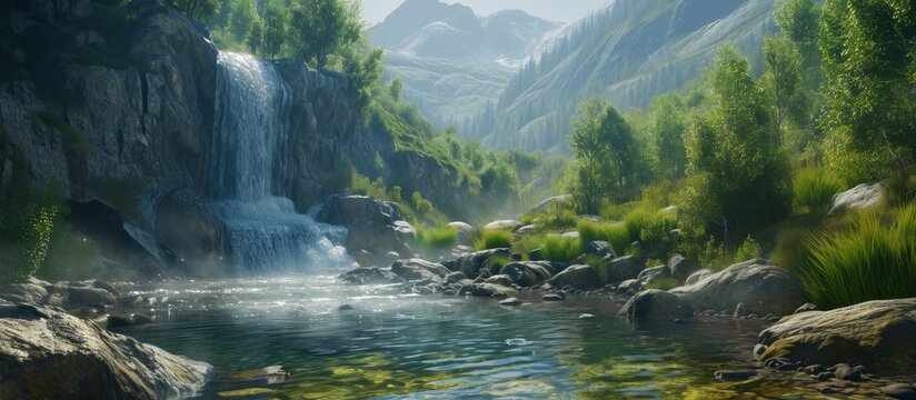 A picturesque natural landscape depicting a waterfall surrounded by lush trees in a forest, with majestic mountains in the background. Perfect for art lovers and travel enthusiasts!