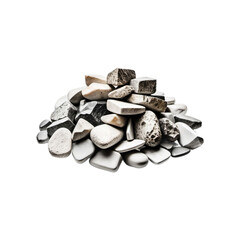 Assorted Pile of Smooth, Textured, and Patterned Pebbles Isolated on a White Background