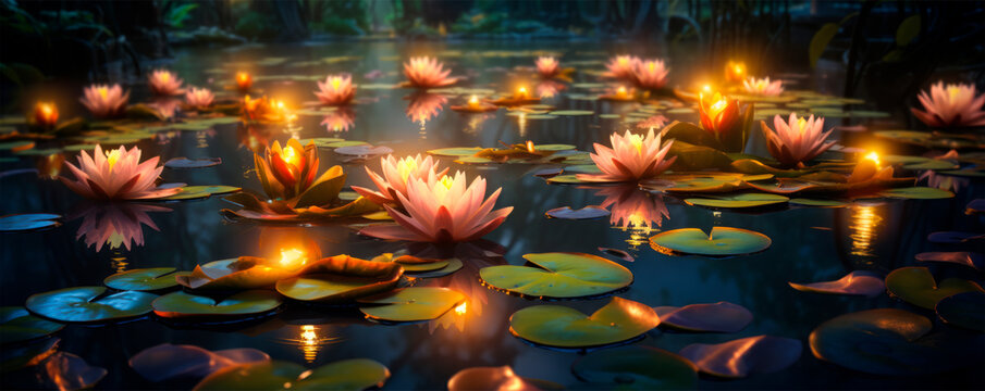 Twilight descends on a mystical pond where pink water lilies are illuminated by the warm glow of candlelight, evoking a sense of tranquility and romance.