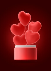 Red volumetric hearts fly out of open box on dark isolated background, vector realistic 3d illustration for greeting card, invitation card, declaration of love