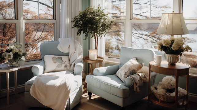 Home Interior with big windows, two chairs and cute decoration 