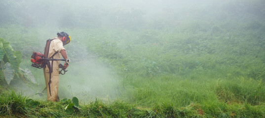 A man in overalls and safety goggles cuts grass in the fog with a trimmer. Madeira Island. Copy...
