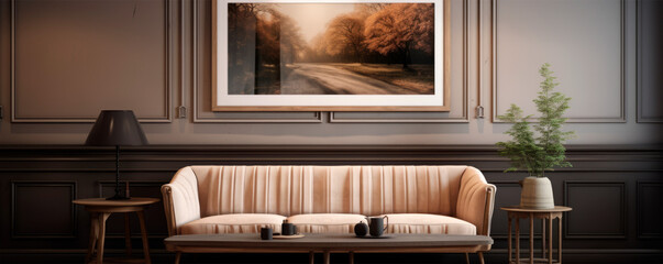A cozy café corner with a plush sofa, wooden tables, and a triptych of framed autumnal forest scenes on the wall, creating an inviting and warm environment for socializing or solitary contemplation.