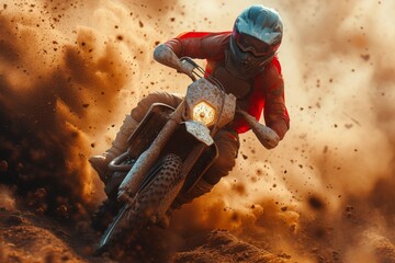 A daring rider conquers rough terrain on a powerful red motorcycle, pushing the limits of speed and skill in an adrenaline-fueled display of motocross mastery - obrazy, fototapety, plakaty