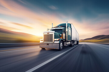 Transportation logistics at golden hour with semi-truck on highway, fast delivery, commercial freight, road travel, industry, sunset, dynamic