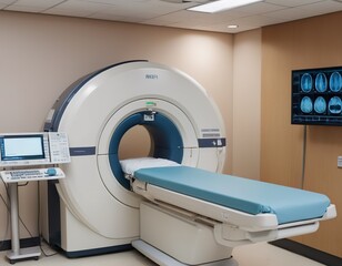 advanced mri or ct scan medical diagnosis machine at hospital lab as wide banner with copy space area.