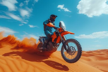 An adrenaline-fueled rider tears through the sandy desert, kicking up clouds of dust as their motorbike's tire digs into the rugged terrain