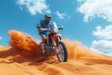 A daring man performs extreme stunts on his offroading motorcycle, leaving a trail of dust in the desert sky - obrazy, fototapety, plakaty