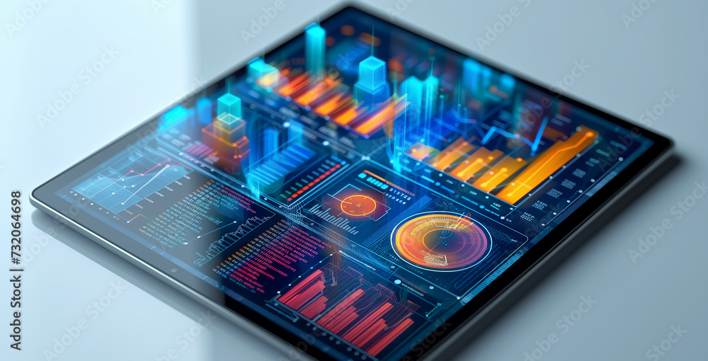 Poster 3d graphics and holograms protrude from tablet screen on the table, high-tech display