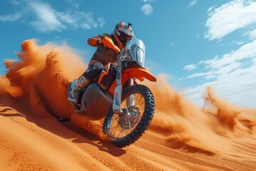 A daring motocross rider braves the sandy desert terrain, their motorcycle's wheels kicking up clouds of dust as they perform gravity-defying stunts under the vast open sky - obrazy, fototapety, plakaty