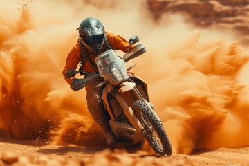 A daring stunt performer navigates the rugged terrain on their motorcycle, kicking up dust and defying gravity with each wheelie - obrazy, fototapety, plakaty
