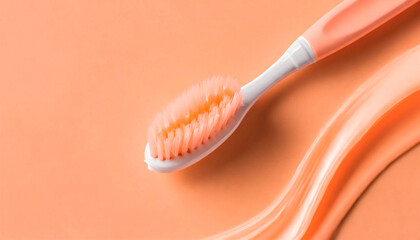 A toothbrush on a neutral peach background. Minimalist image with space for your own text. Dental hygiene and care concept.