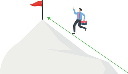 Businessman runs to the top of the mountain following the direction of the red arrow
