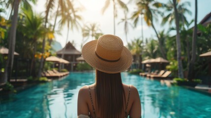 Back view of a woman wearing a straw hat, looking over a tranquil pool surrounded by tropical palm trees at an upscale resort.
