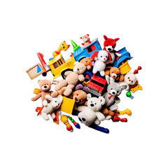 Colorful Assortment of Children’s Toys Including Stuffed Animals, Building Blocks, and Toy Vehicles Isolated on White Background