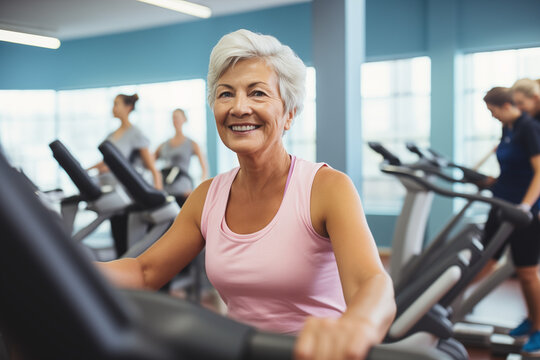 Portrait of a smiling senior woman working out on a treadmill in a fitness studio