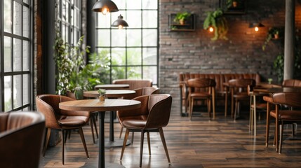 Inviting cafe setting with leather chairs and wooden tables, warm lighting, and green plants enhancing a cozy ambiance. - obrazy, fototapety, plakaty