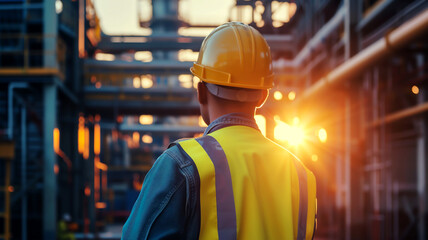 construction worker in factory wearing safety helmet and reflective vest industrial engineering job site