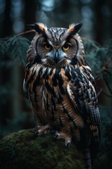 AI generated illustration of a beautiful owl perched atop a rock in a pine tree forest