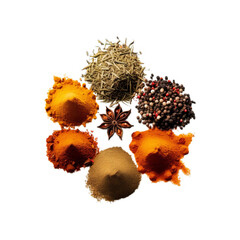 ariety of Colorful Ground Spices Isolated on White Background Including Turmeric, Cumin, and Mixed Peppercorns