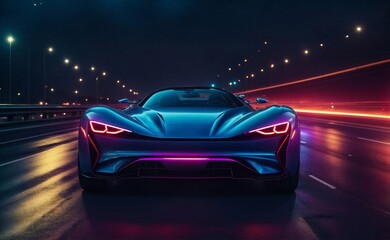Fototapeta na wymiar Futuristic EV car or luxury sports car, supercar, fast vehicle on highway with full self driving system activated for transportation autonomy concepts as wide banner with copy space area