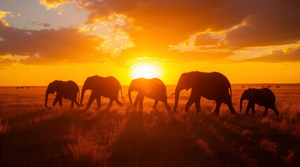 A group of silhouetted elephants roams across a vast and open savanna as the sun sets in a burst of warm colors.