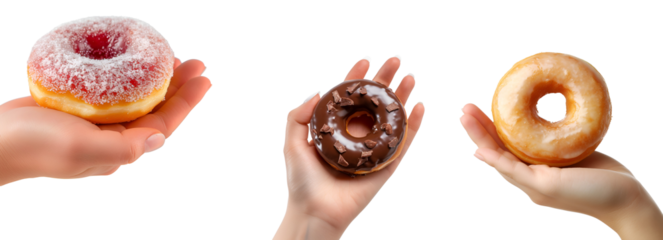 A Hand Presents a Set of Delicious Donuts: Chocolate, Jelly, and Glazed for Social Media and Confectionery Banners, Isolated on Transparent Background, PNG