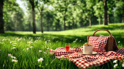 Relaxing summer picnic in the park with a variety of foods, sunny weather, and a green grass background