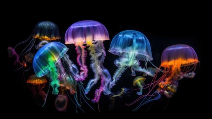 AI generated illustration of a variety of brightly colored jellyfish swimming in harmony