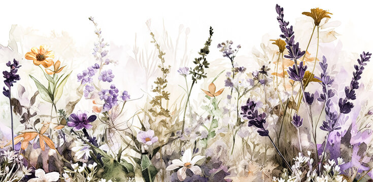Watercolor bouquet collection of wild field herbs, flowers, and plants.