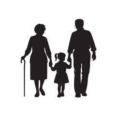 Silhouette vector of grandparents walking with granddaughter Illustration icon