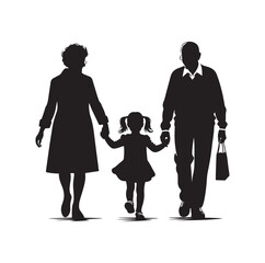 Silhouette vector of grandparents walking with granddaughter Illustration icon