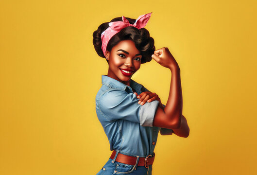 Strong black woman flexing bicep muscles