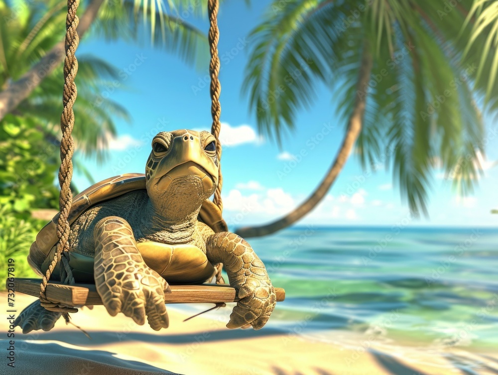 Poster a turtle is sitting on a swing on the beach. generative ai.